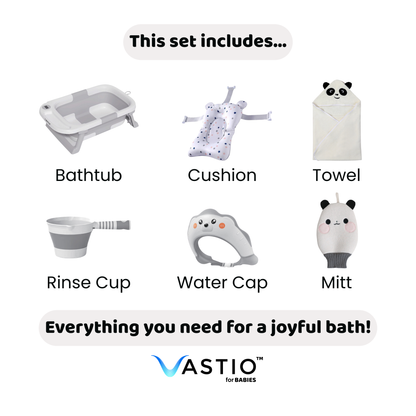VASTIO™ 6-in-1 Collapsible Baby Bathtub Set – Foldable Baby Bath Tub & Bathing Essentials for Newborn to Toddler (0-36 months)